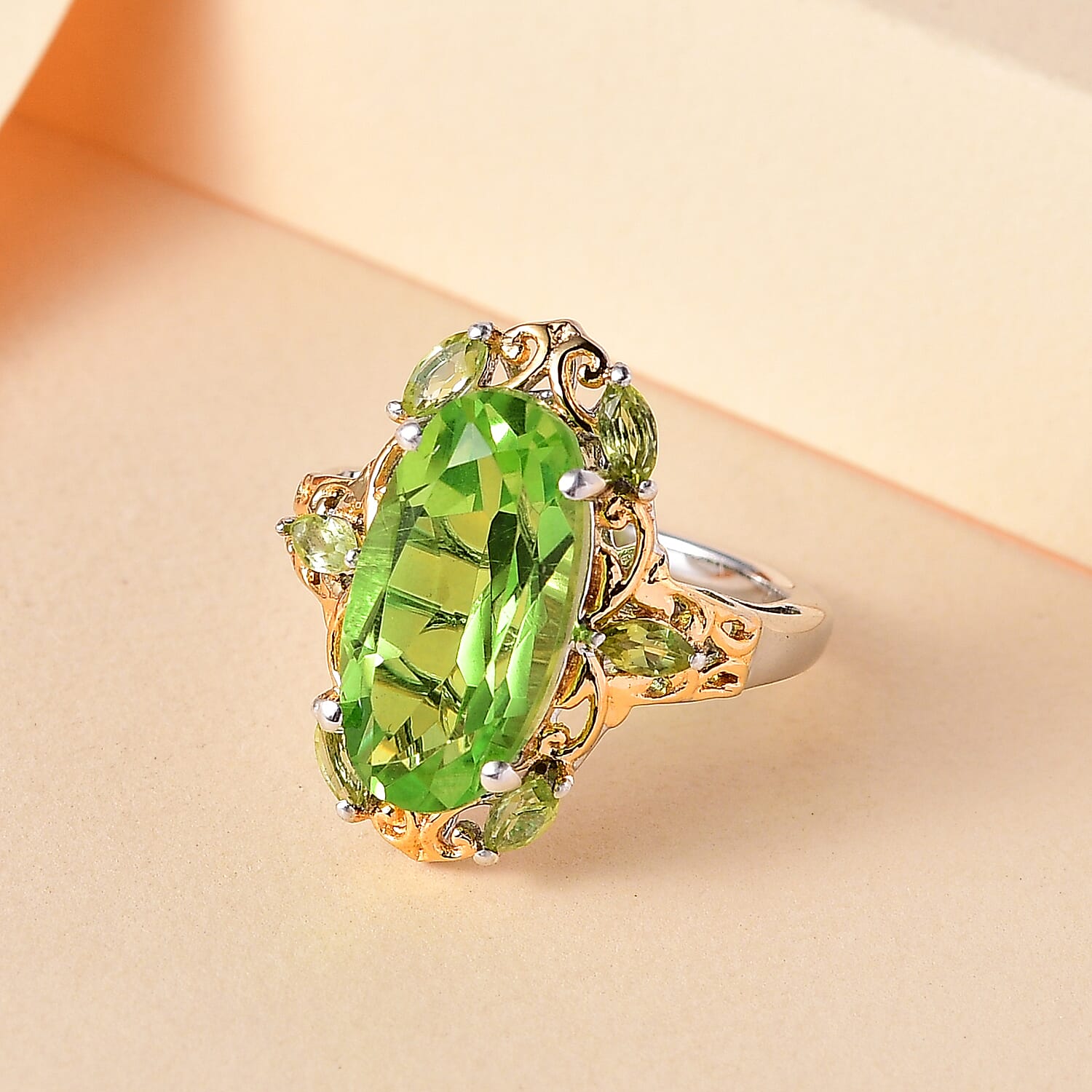 Chartreuse Quartz (Triplet) and Peridot Ring in Vermeil Yellow Gold and Platinum Over Sterling Silver (Size 10.0) 6.35 ctw