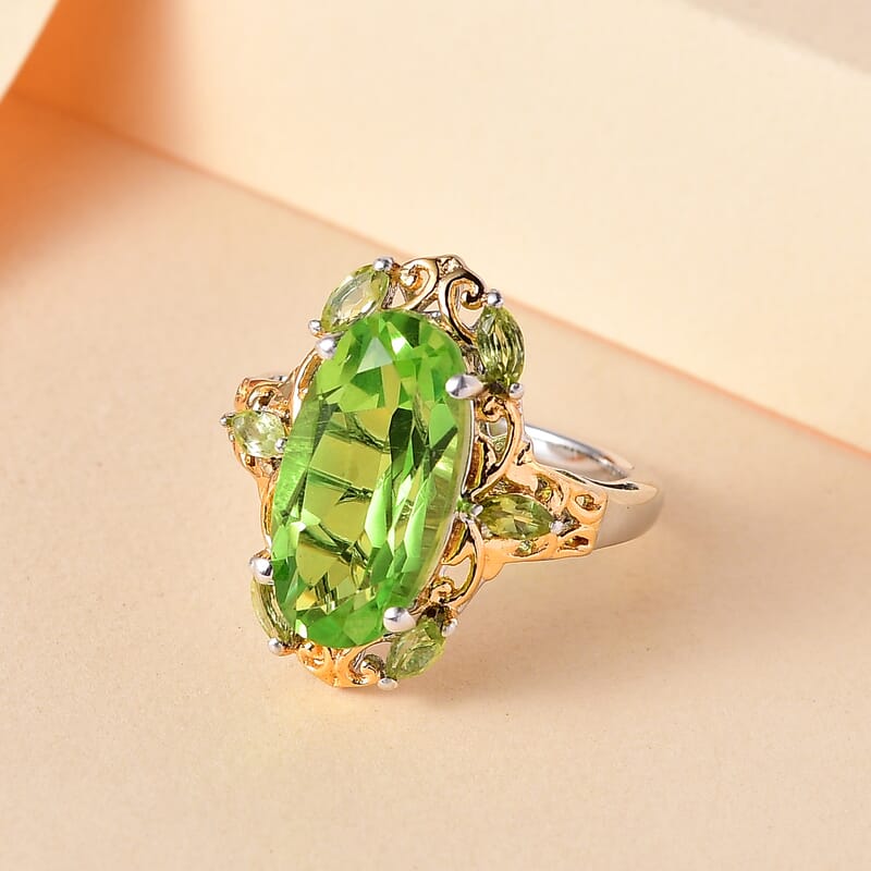 Chartreuse Quartz (Triplet) and Peridot Ring in Vermeil Yellow Gold and Platinum Over Sterling Silver (Size 10.0) 6.35 ctw