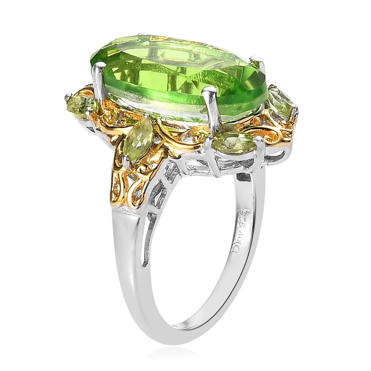 Chartreuse Quartz (Triplet) and Peridot Ring in Vermeil Yellow Gold and Platinum Over Sterling Silver 6.35 ctw image number 3