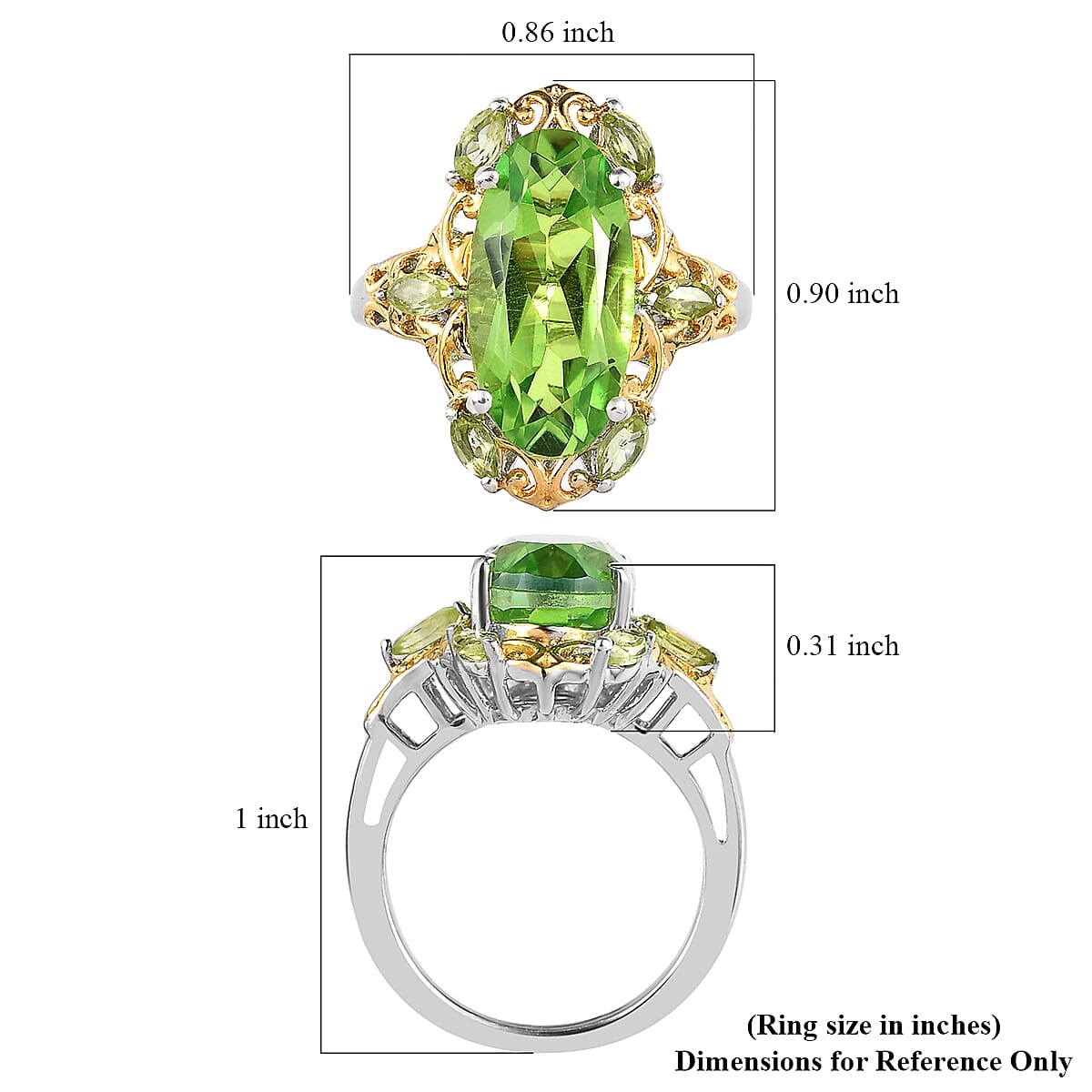 Chartreuse Quartz (Triplet) and Peridot Ring in Vermeil Yellow Gold and Platinum Over Sterling Silver (Size 10.0) 6.35 ctw