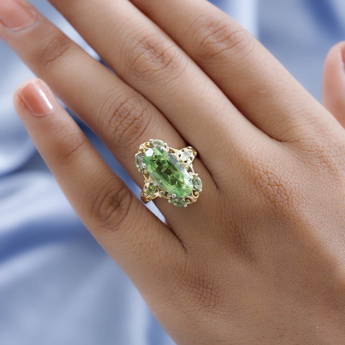 Chartreuse Quartz (Triplet) and Peridot Ring in Vermeil Yellow Gold and Platinum Over Sterling Silver (Size 8.0) 6.35 ctw image number 2