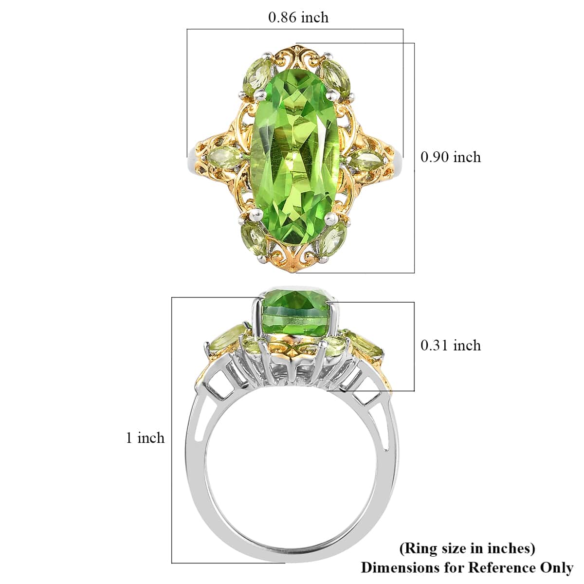 Chartreuse Quartz (Triplet) and Peridot Ring in Vermeil Yellow Gold and Platinum Over Sterling Silver (Size 8.0) 6.35 ctw image number 5