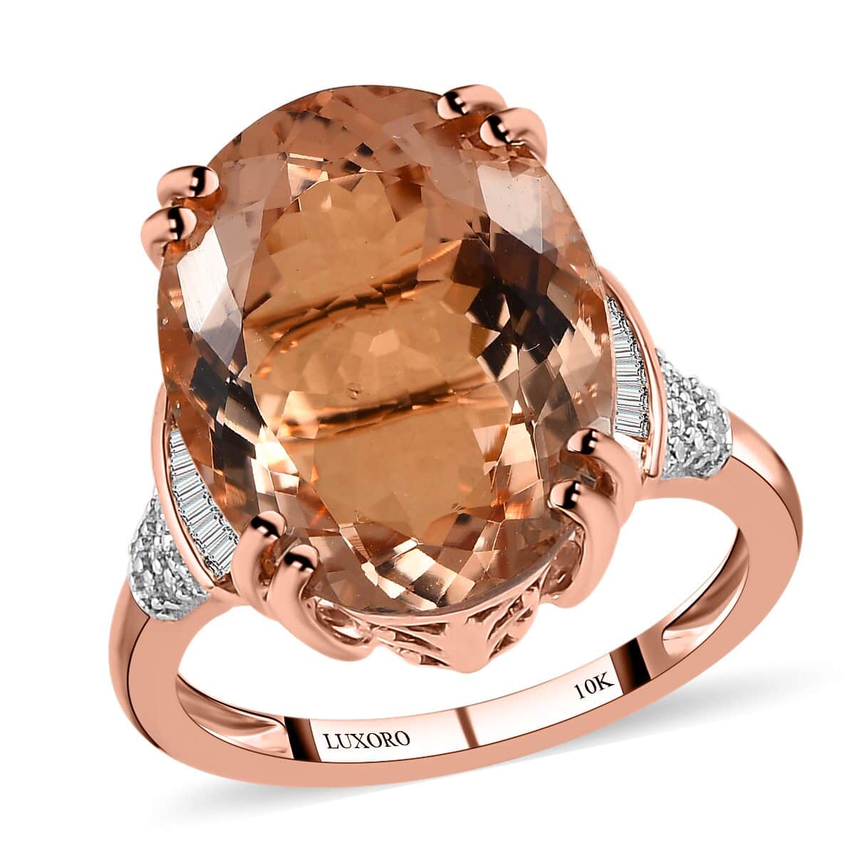 Luxoro 14K Rose Gold AAA Marropino Morganite and G-H I2 Diamond Ring (Size 7.0) 4.25 Grams 8.75 ctw image number 0