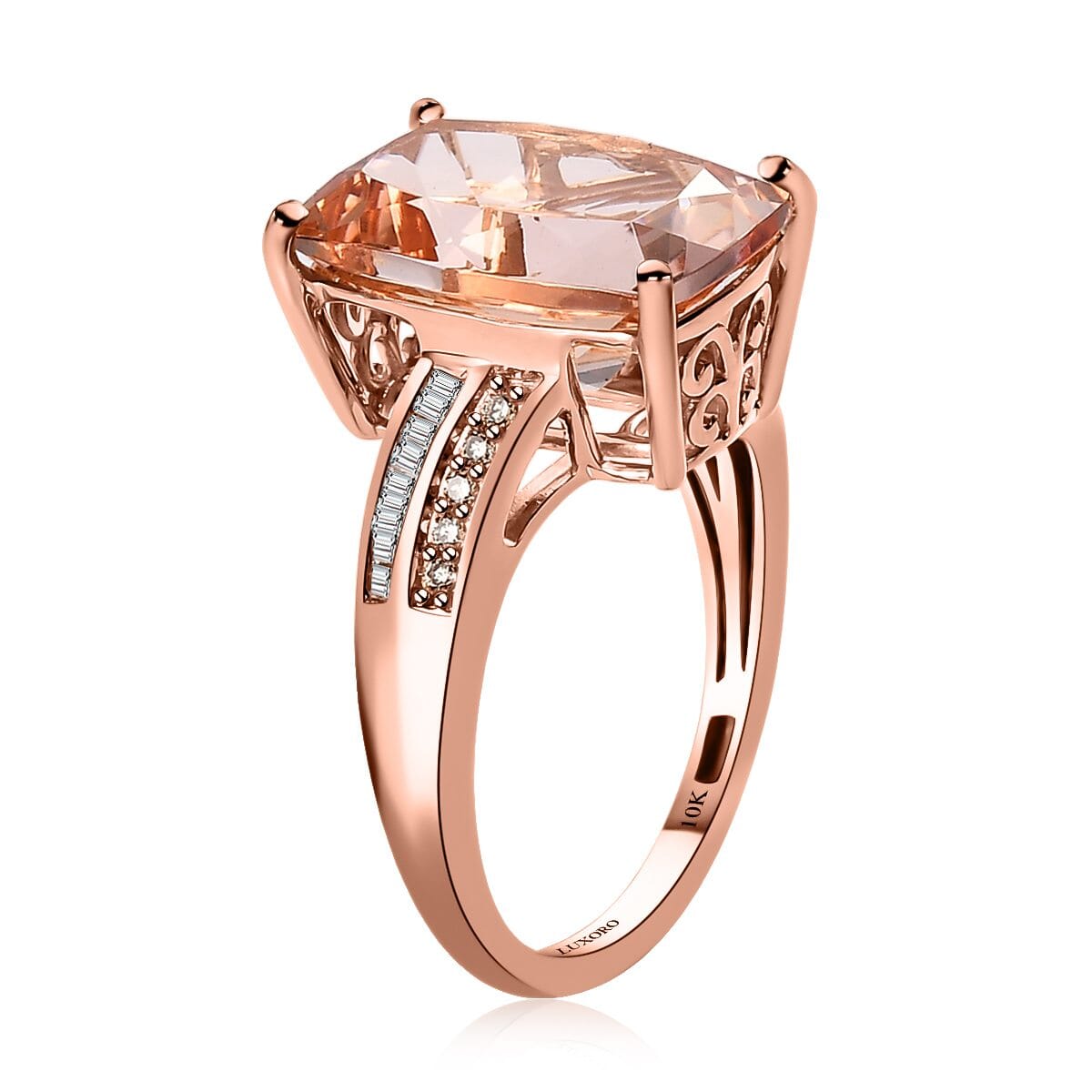 Luxoro 10K Rose Gold AAA Marropino Morganite and I2 Natural Champagne and White Diamond Ring (Size 8.0) 6.50 ctw image number 3