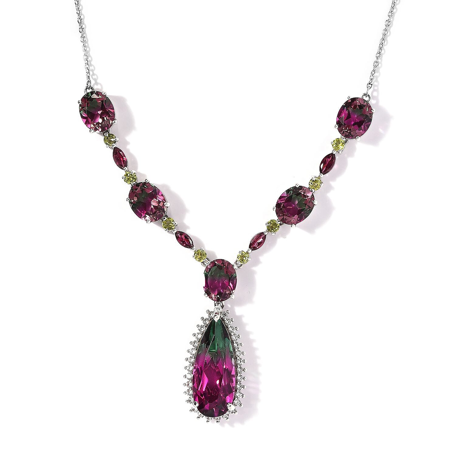 Watermelon Quartz (Triplet) and Multi Gemstone Necklace 18 Inches in Platinum Over Sterling Silver 29.00 ctw