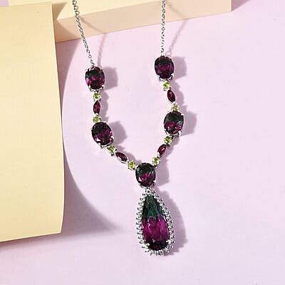 Watermelon Quartz (Triplet) and Multi Gemstone Necklace 18 Inches in Platinum Over Sterling Silver 29.00 ctw