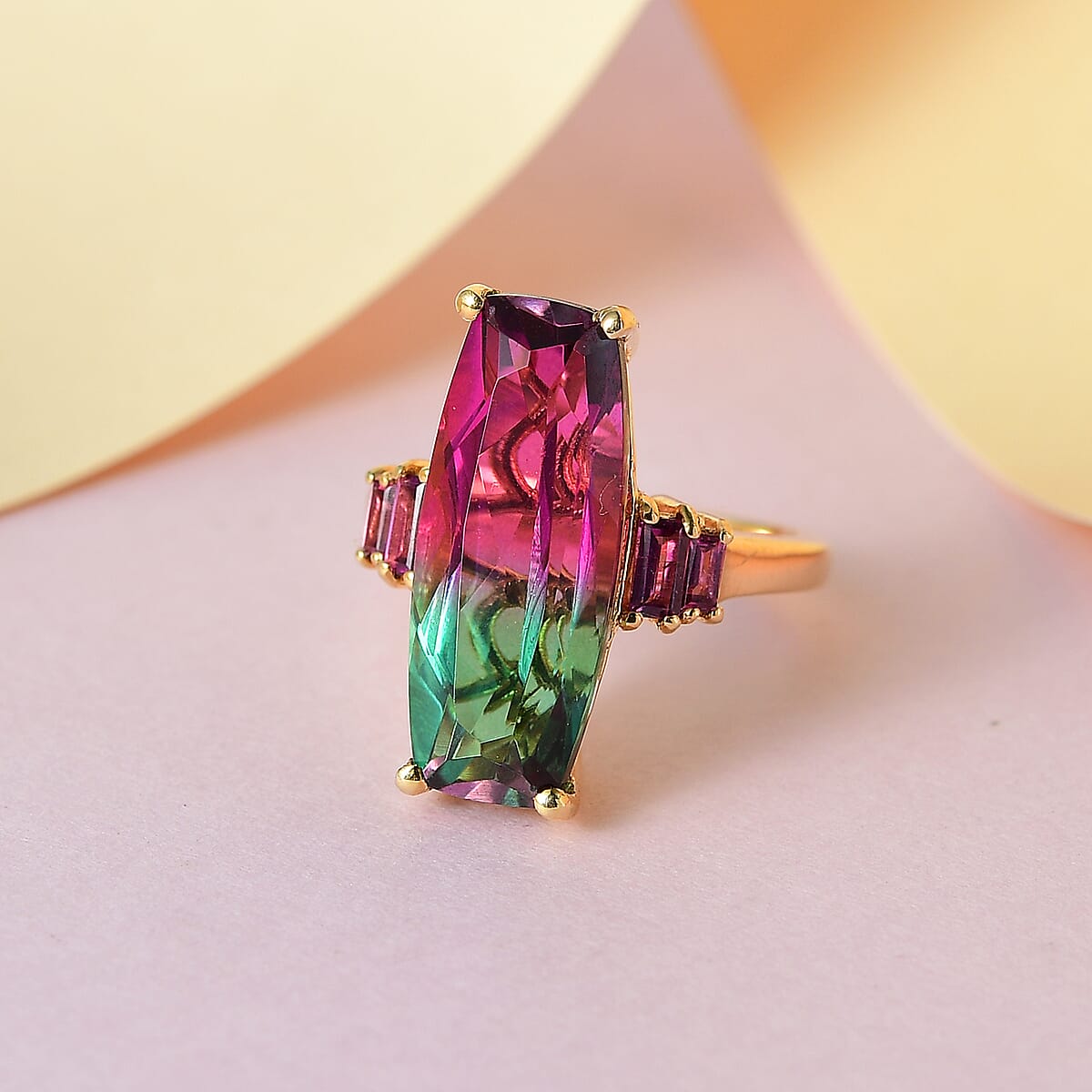 Watermelon Quartz (Triplet) and Orissa Rhodolite Garnet Ring in Vermeil Yellow Gold Over Sterling Silver (Size 10.0) 9.25 ctw image number 1