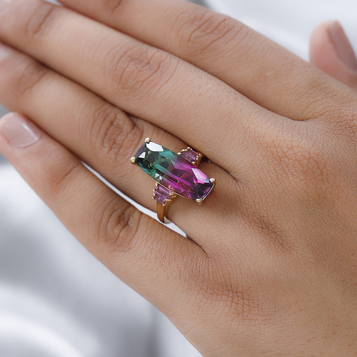 Watermelon Quartz (Triplet) and Orissa Rhodolite Garnet Ring in Vermeil Yellow Gold Over Sterling Silver (Size 10.0) 9.25 ctw image number 2