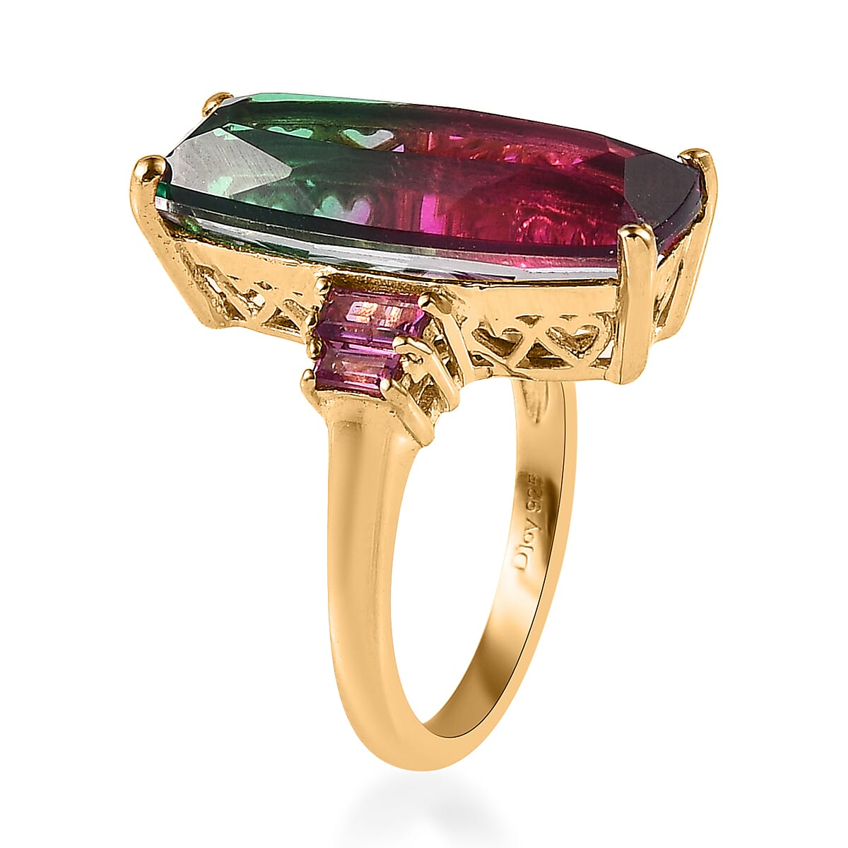 Watermelon Quartz (Triplet) and Orissa Rhodolite Garnet Ring in Vermeil Yellow Gold Over Sterling Silver (Size 10.0) 9.25 ctw image number 3