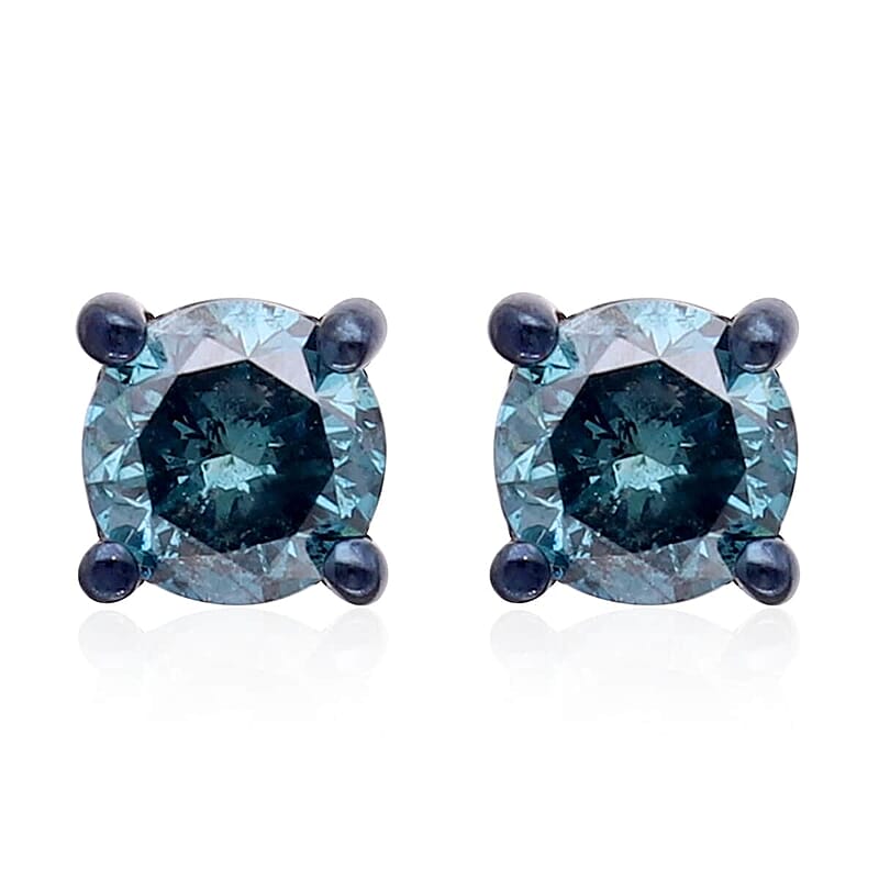 Luxoro 10K White Gold Venice Blue Diamond I1-I2 Solitaire Stud Earrings 1.00 ctw (Del. 14-20 Days)