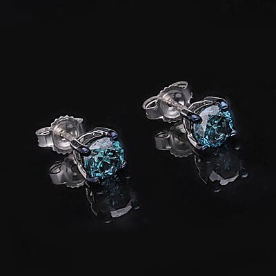 Luxoro 10K White Gold Venice Blue Diamond I1-I2 Solitaire Stud Earrings 1.00 ctw (Del. 14-20 Days)