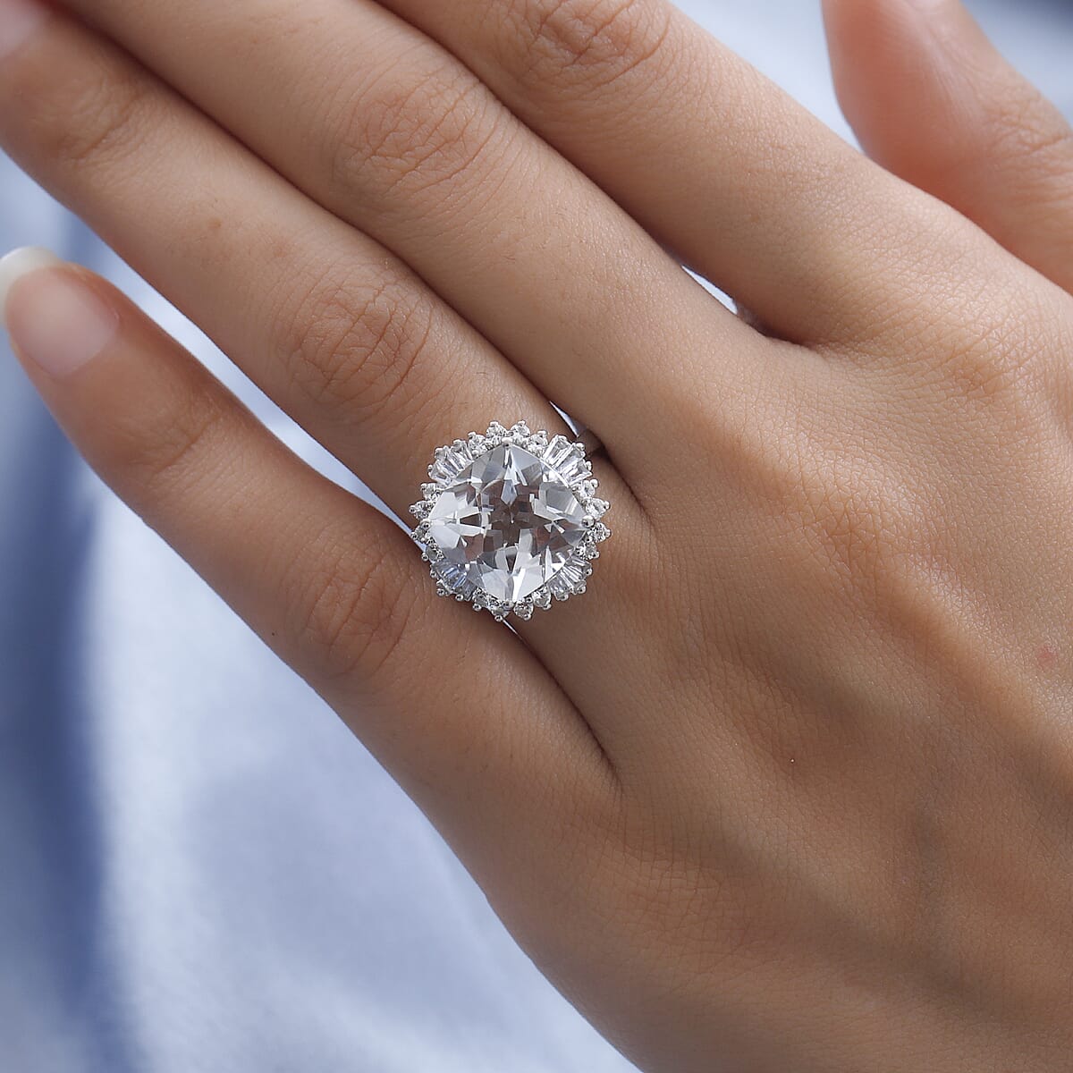 White Topaz Ballerina Halo Ring in Platinum Over Sterling Silver 9.50 ctw image number 2