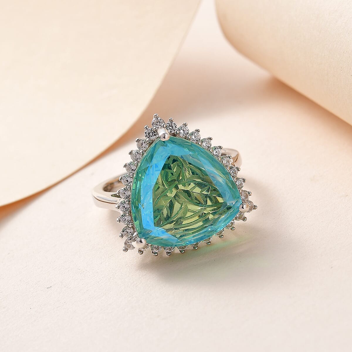 Trinlty Cut Peacock Quartz (Triplet) and White Zircon Ring in Platinum Over Sterling Silver 9.15 ctw image number 1