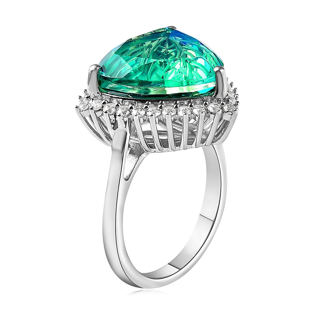 Trinlty Cut Peacock Quartz (Triplet) and White Zircon Ring in Platinum Over Sterling Silver 9.15 ctw image number 3