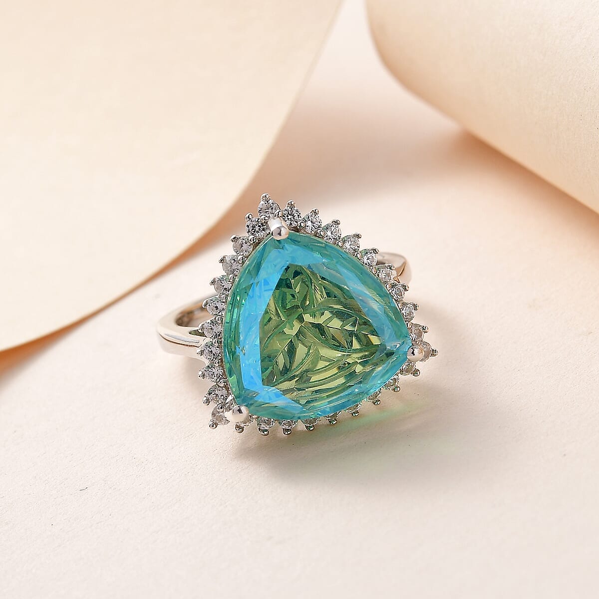 Trinity Cut Peacock Quartz (Triplet) and White Zircon Ring in Platinum Over Sterling Silver (Size 6.0) 9.15 ctw image number 1