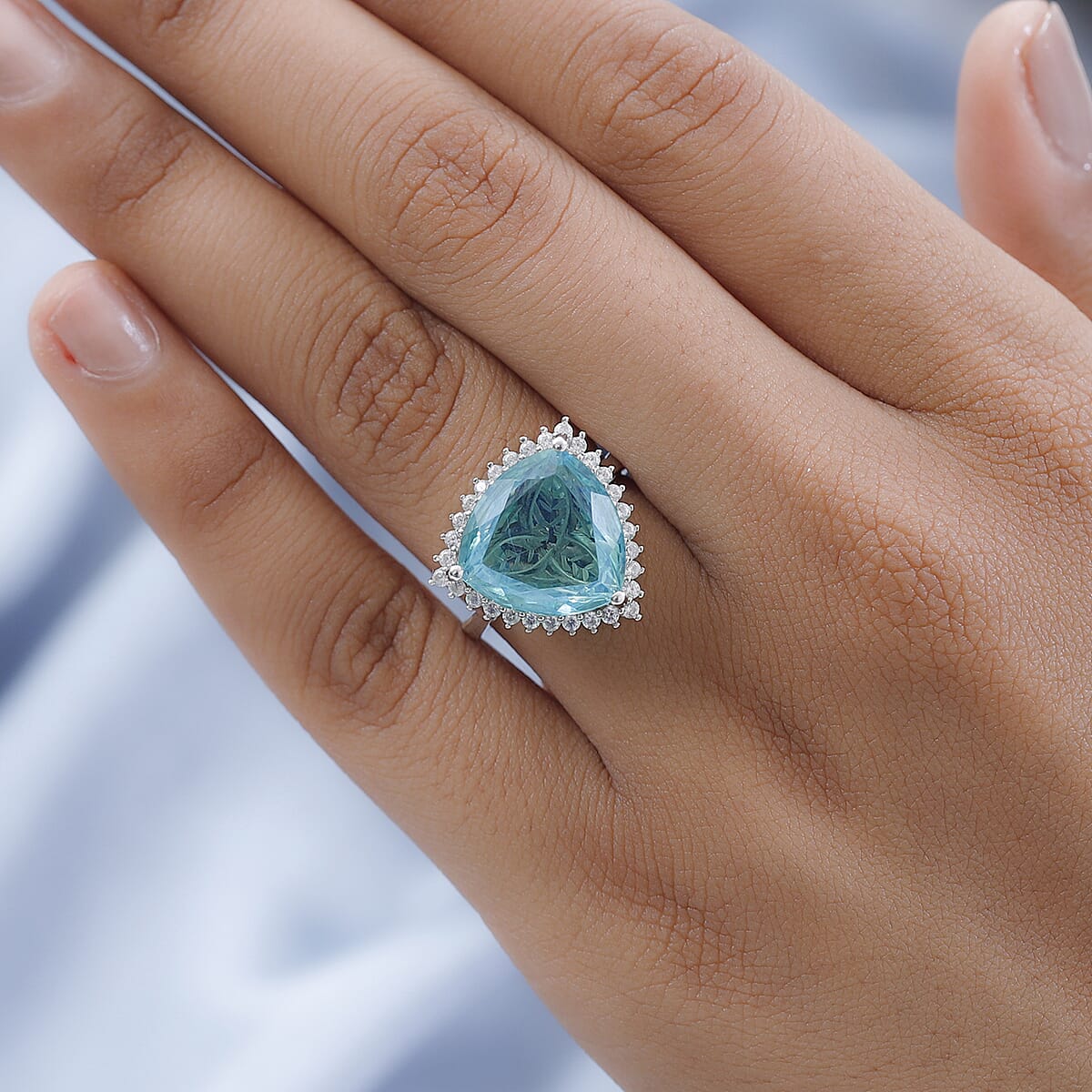 Trinity Cut Peacock Quartz (Triplet) and White Zircon Ring in Platinum Over Sterling Silver (Size 6.0) 9.15 ctw image number 2