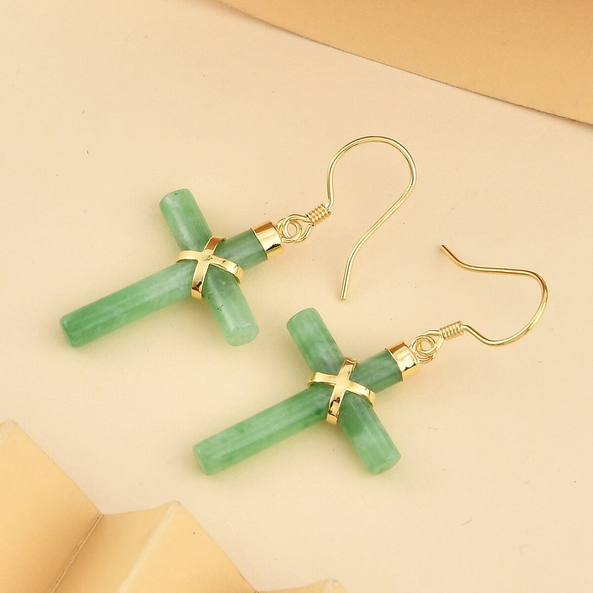 Green Jade (D) Cross Earrings in 14K Yellow Gold Over Sterling Silver 13.00 ctw image number 1