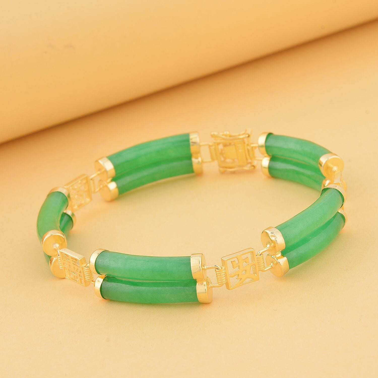 Green Jade (D) Two Layers of Cylindrical Tubes Chinese Characters Bracelet in 14K Yellow Gold Over Sterling Silver (6.50 In) 61.50 ctw