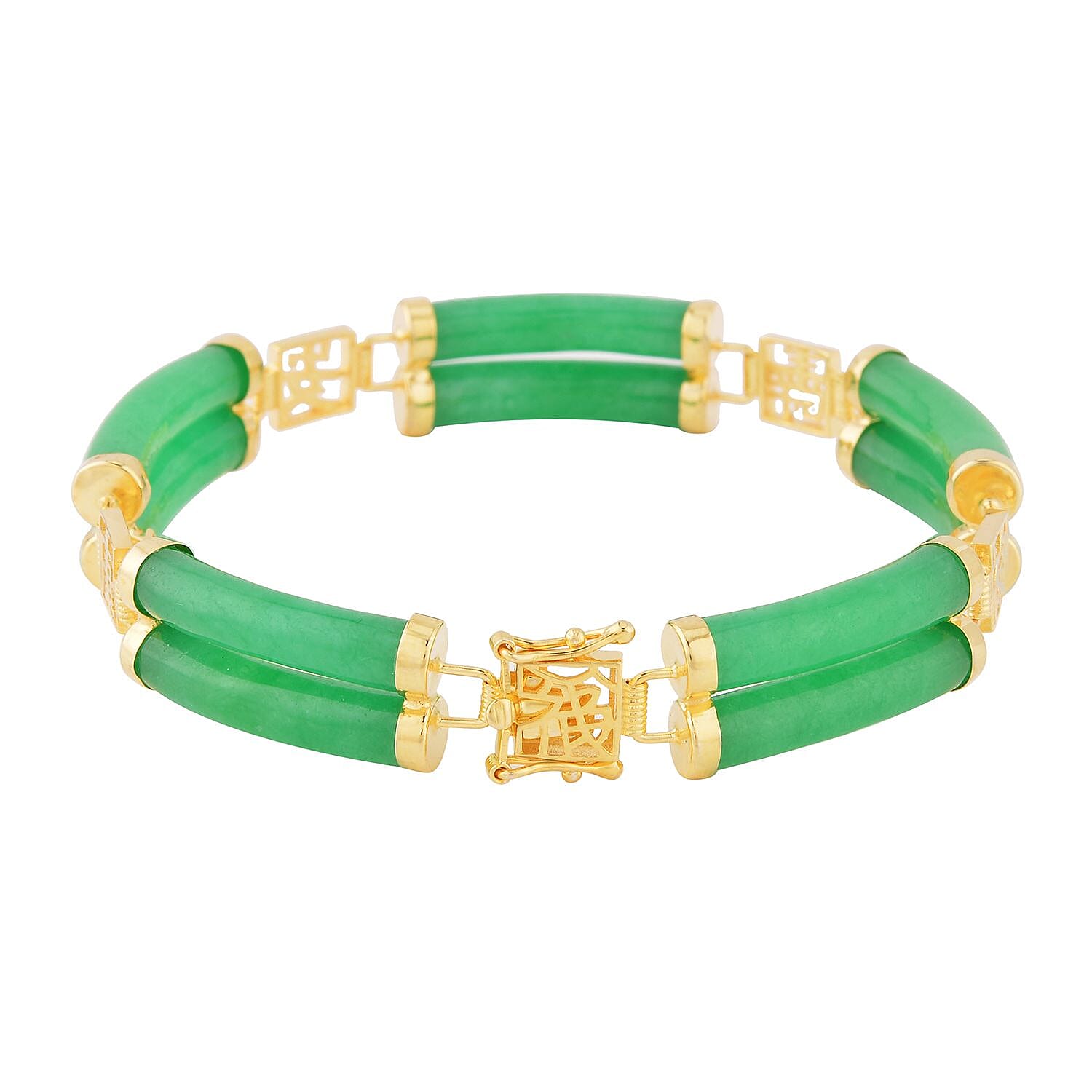 Green Jade (D) Two Layers of Cylindrical Tubes Chinese Characters Bracelet in 14K Yellow Gold Over Sterling Silver (6.50 In) 61.50 ctw