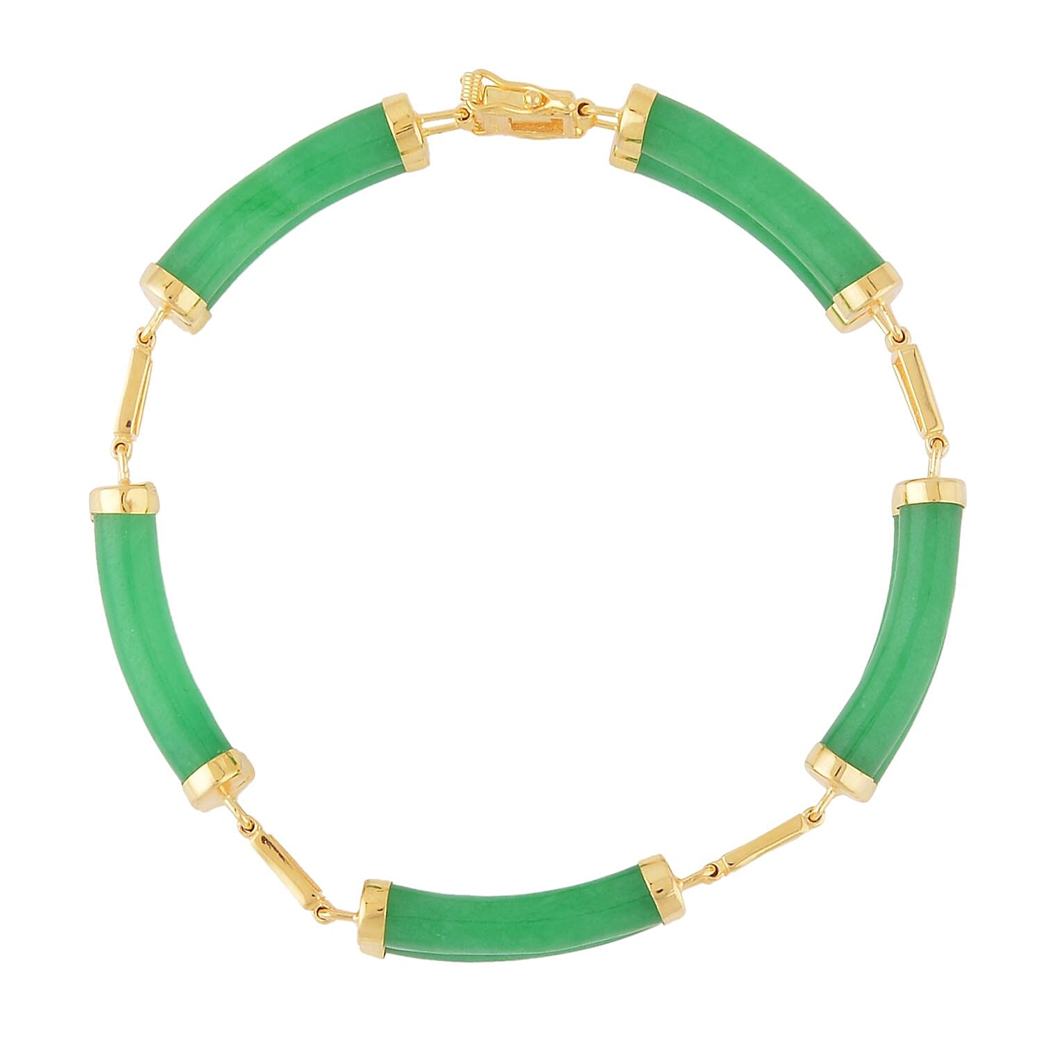 Green Jade (D) Two Layers of Cylindrical Tubes Chinese Characters Bracelet in 14K Yellow Gold Over Sterling Silver (6.50 In) 61.50 ctw