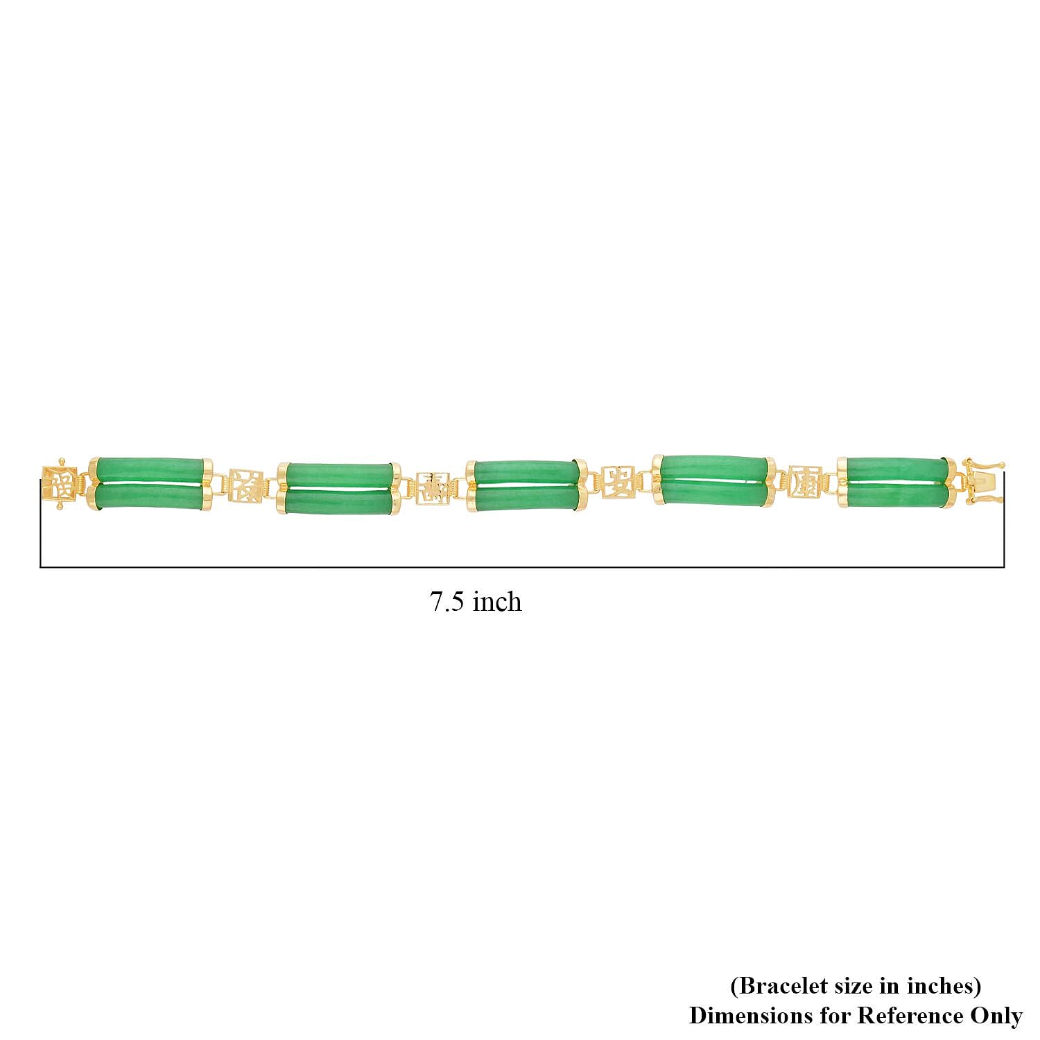 Green Jade (D) Two Layers of Cylindrical Tubes Chinese Characters Bracelet in 14K Yellow Gold Over Sterling Silver (6.50 In) 61.50 ctw