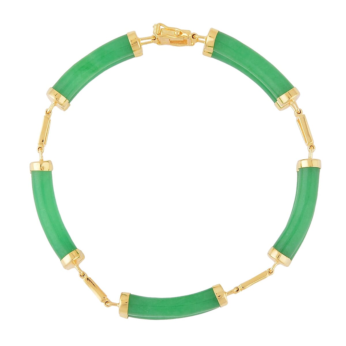 Green Jade (D) Two Layers of Cylindrical Tubes Chinese Characters Bracelet in 14K Yellow Gold Over Sterling Silver (7.00 In) 61.50 ctw image number 3