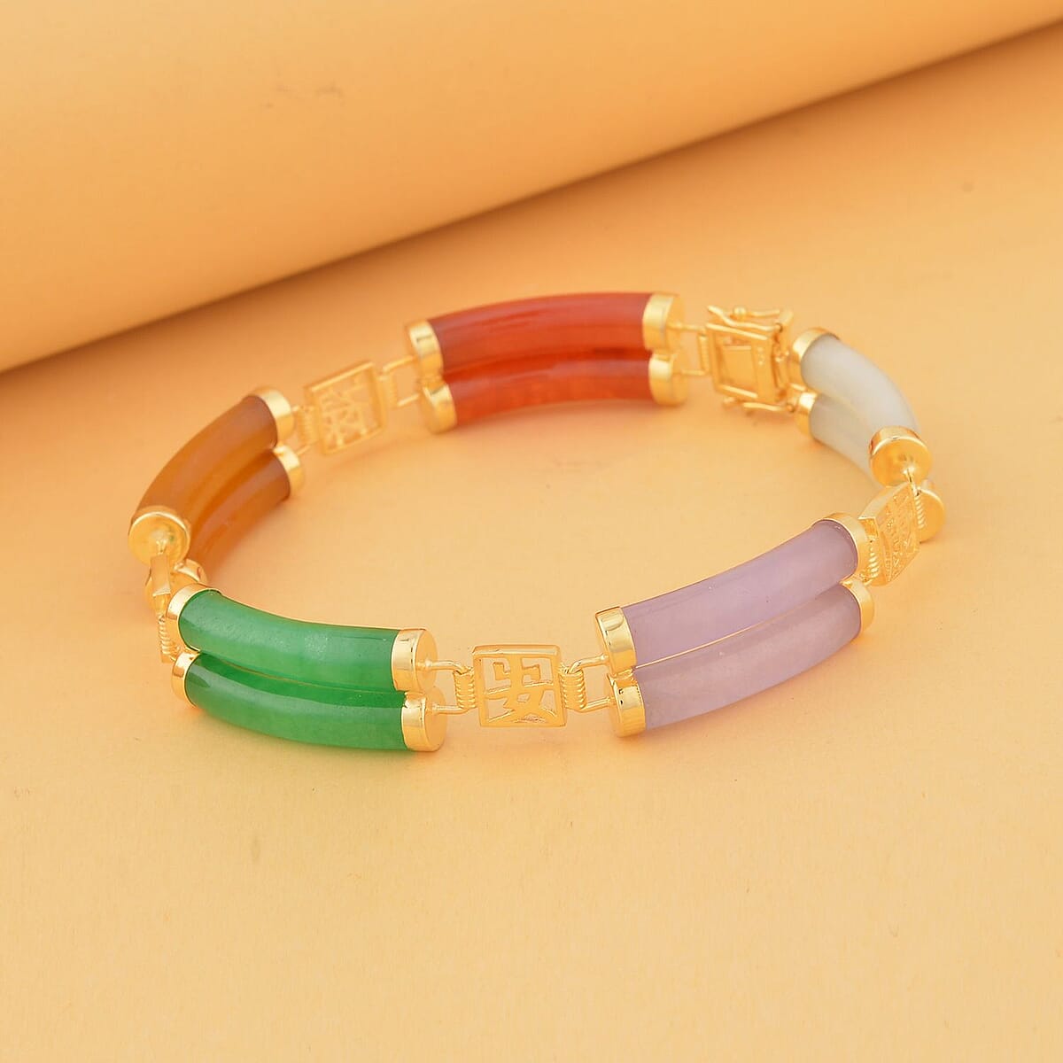 Multi Color Jade (D) Two Layers of Cylindrical Tubes Chinese Characters Bracelet in 14K Yellow Gold Over Sterling Silver (7.25 In) 61.50 ctw image number 1