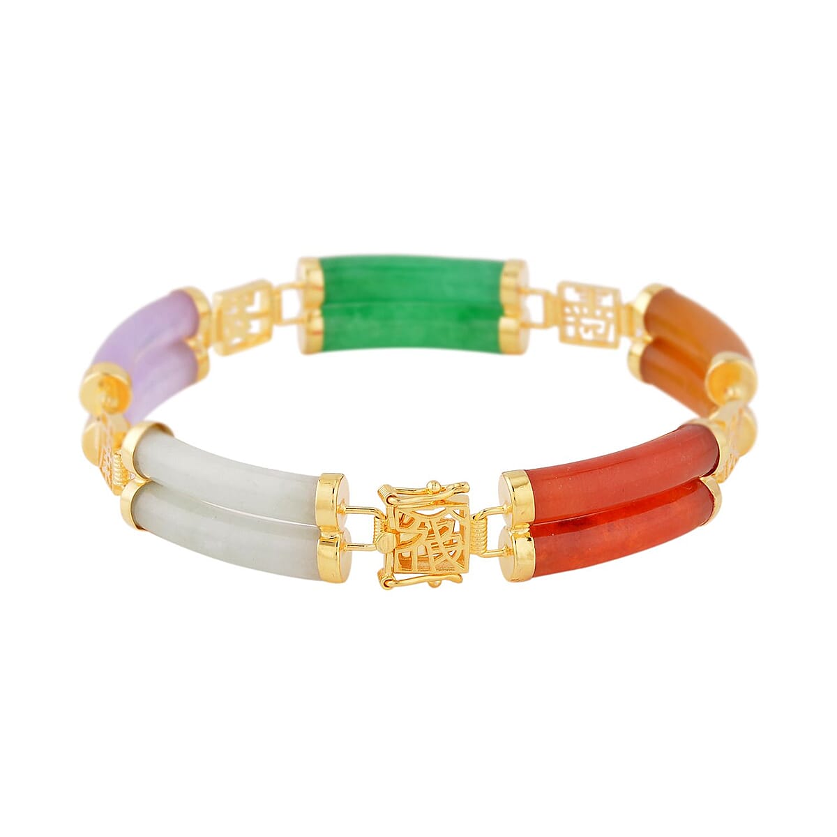 Multi Color Jade (D) Two Layers of Cylindrical Tubes Chinese Characters Bracelet in 14K Yellow Gold Over Sterling Silver (7.25 In) 61.50 ctw image number 2