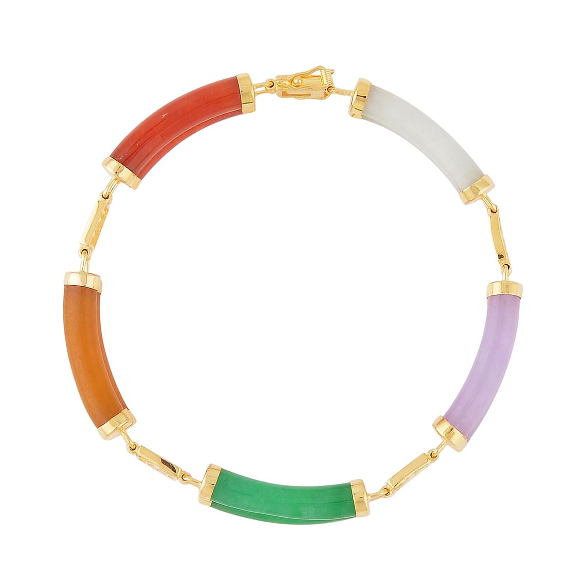 Multi Color Jade (D) Two Layers of Cylindrical Tubes Chinese Characters Bracelet in 14K Yellow Gold Over Sterling Silver (7.25 In) 61.50 ctw image number 3