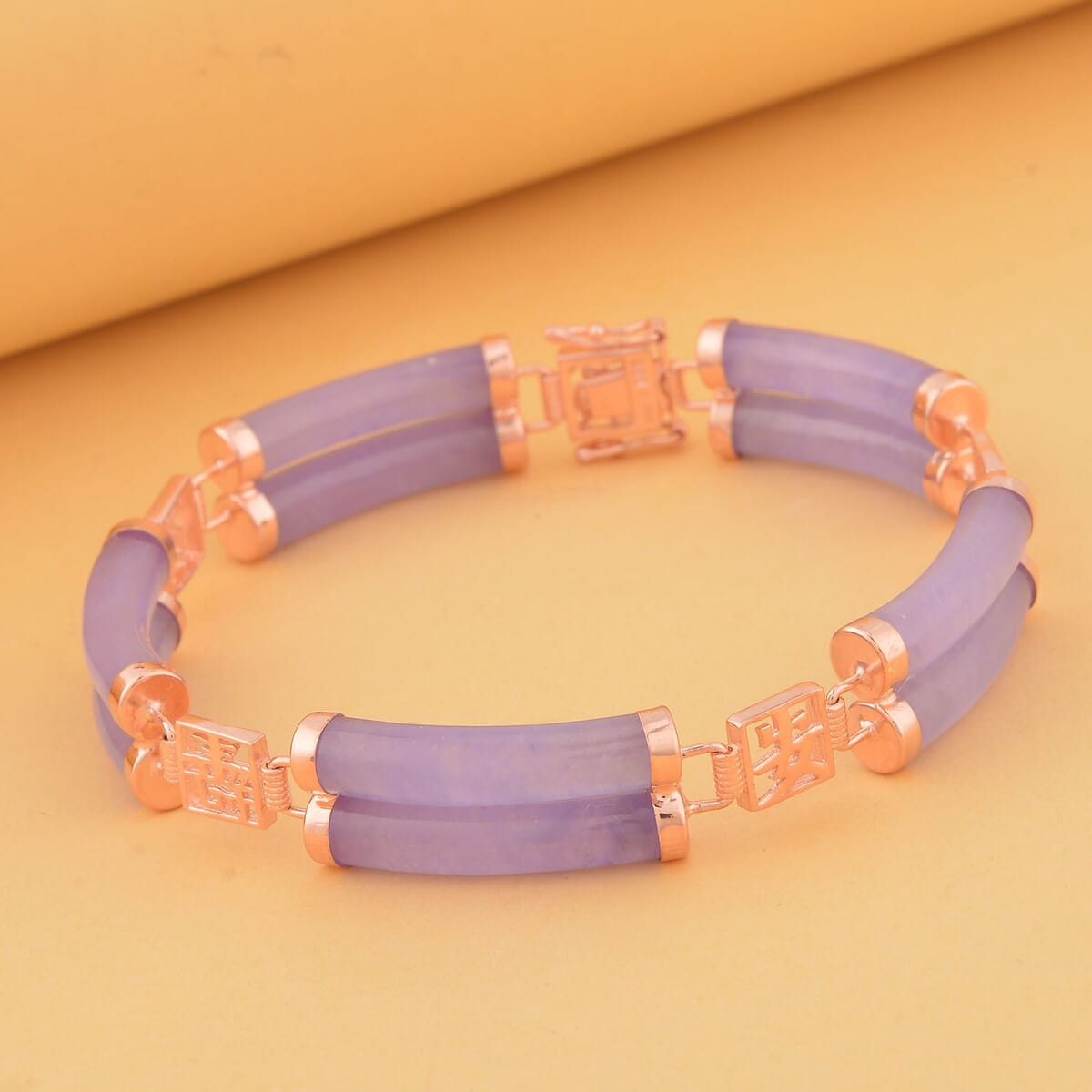 Purple Jade (D) Two Layers of Cylindrical Tubes Chinese Characters Bracelet in 14K Rose Gold Over Sterling Silver (8.00 In) 61.50 ctw image number 1