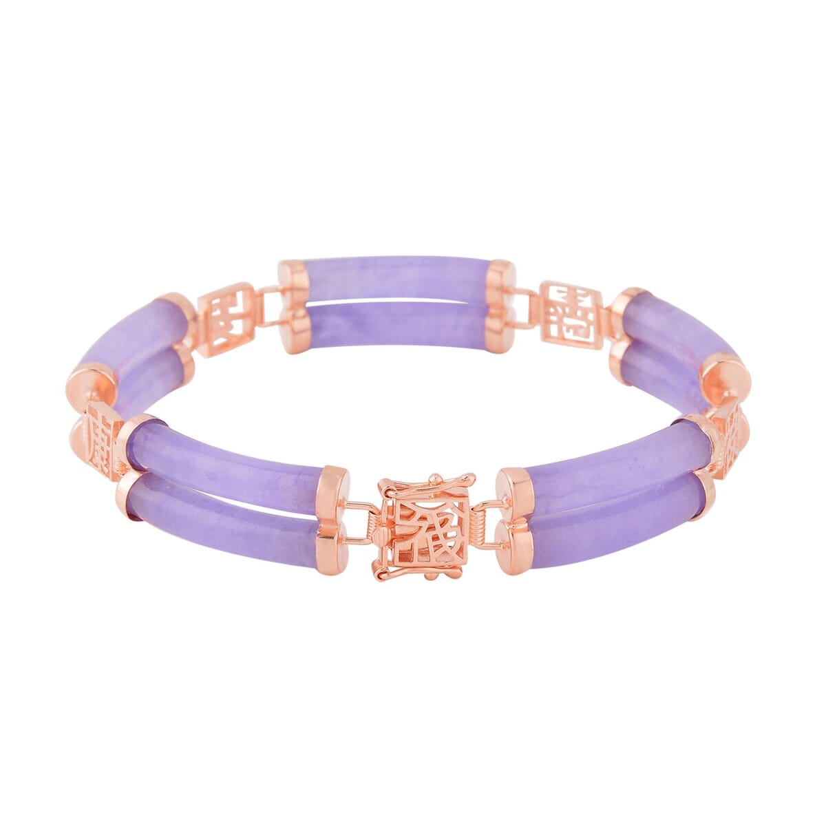 Purple Jade (D) Two Layers of Cylindrical Tubes Chinese Characters Bracelet in 14K Rose Gold Over Sterling Silver (8.00 In) 61.50 ctw image number 2