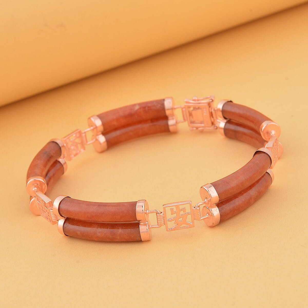 Red Jade (D) Two Layers of Cylindrical Tubes Chinese Characters Bracelet in 14K Rose Gold Over Sterling Silver (7.25 In) 61.50 ctw image number 1