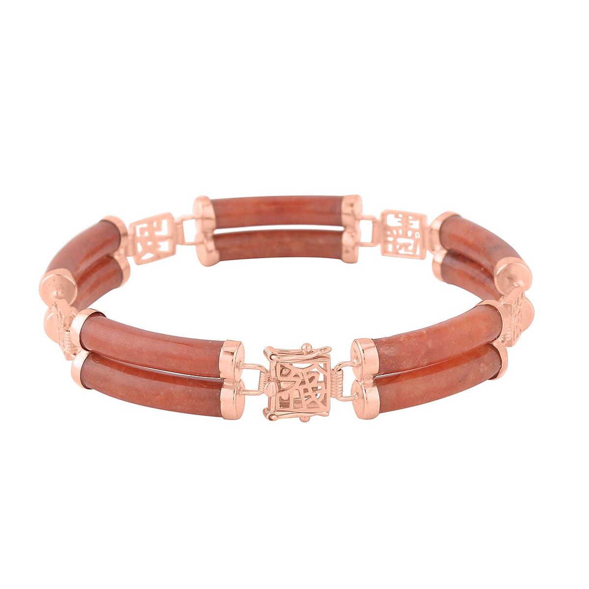 Red Jade (D) Two Layers of Cylindrical Tubes Chinese Characters Bracelet in 14K Rose Gold Over Sterling Silver (7.25 In) 61.50 ctw image number 2