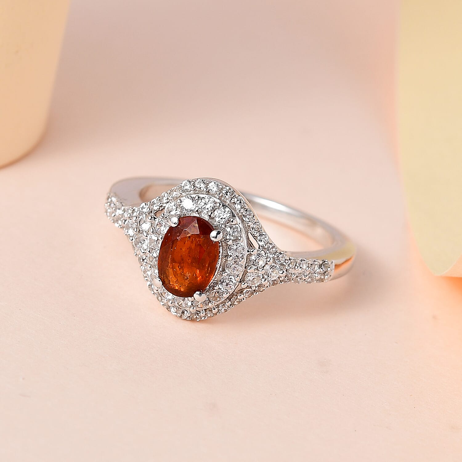 Tangerine Kyanite and White Zircon Halo Ring in Platinum Over Sterling Silver (Size 10.0) 2.15 ctw