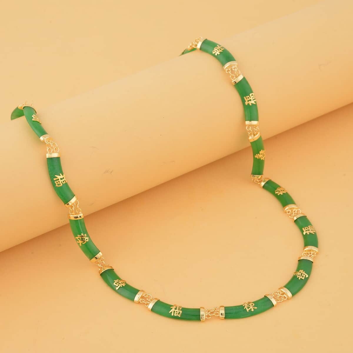 Green Jade (D) Station Necklace 18-20 Inches in 14K Yellow Gold Over Sterling Silver 96.50 ctw image number 1