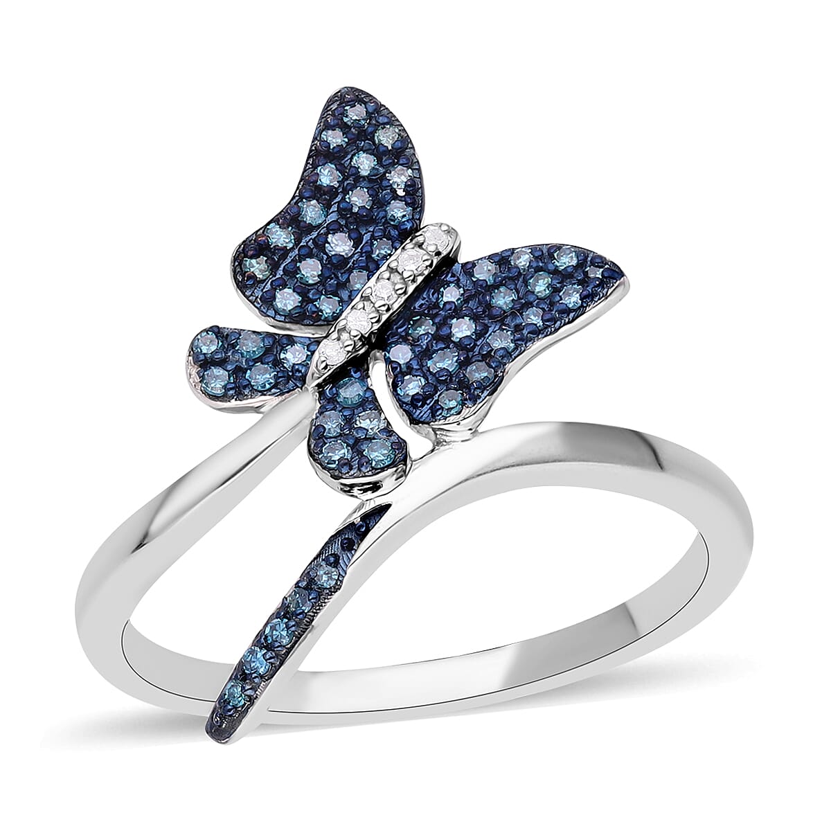 Venice Blue Diamond I1-I2 and Diamond Butterfly Ring in Platinum Over Sterling Silver (Size 10.0) 0.25 ctw