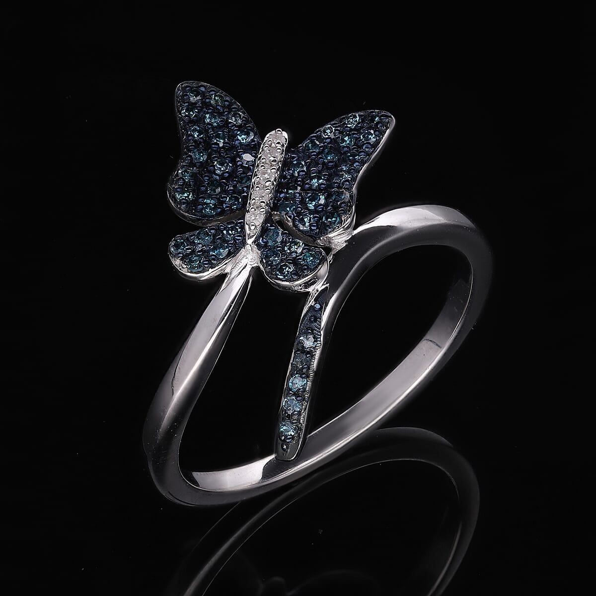 Venice Blue Diamond I1-I2 and Diamond Butterfly Ring in Platinum Over Sterling Silver (Size 9.0) 0.25 ctw image number 1