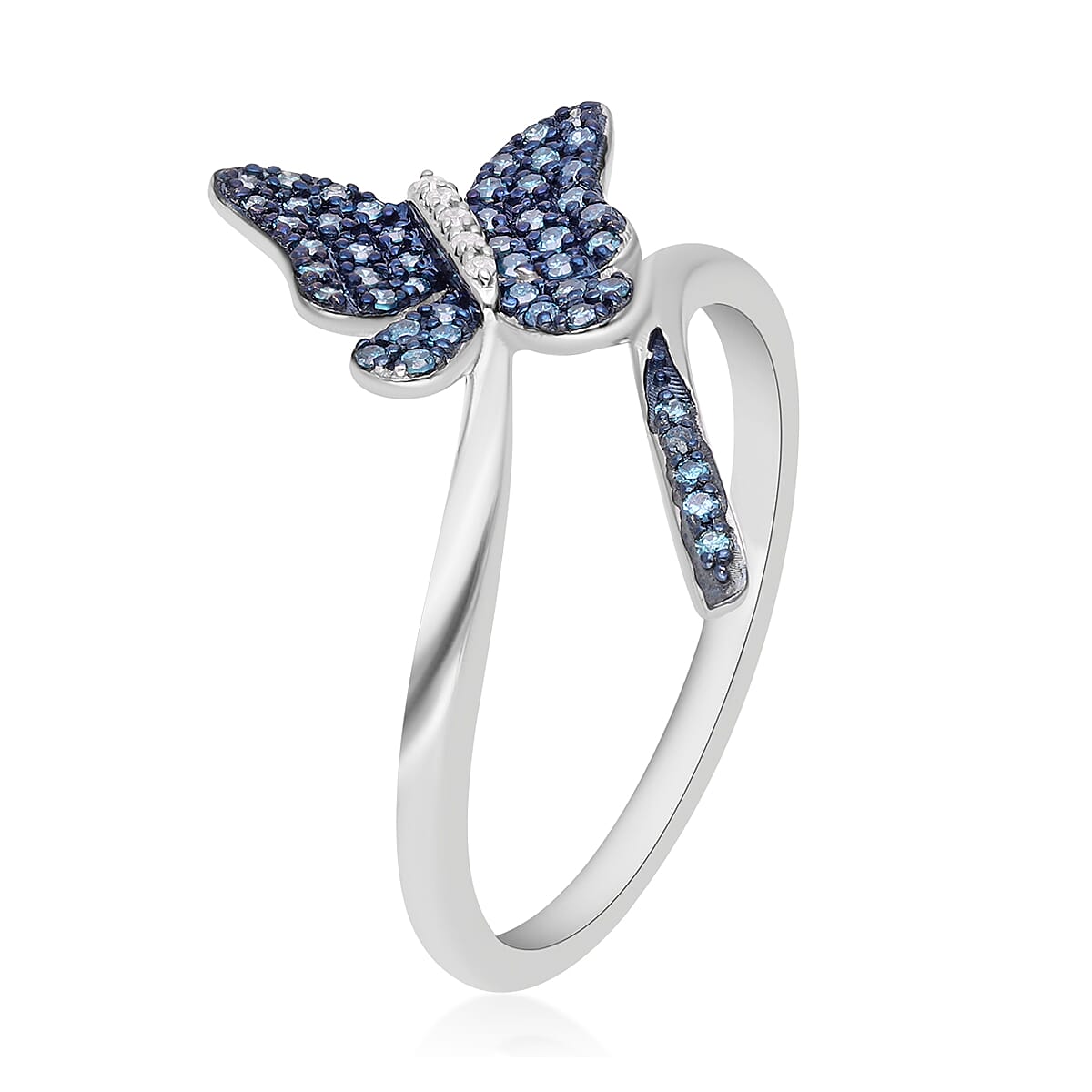 Venice Blue Diamond I1-I2 and Diamond Butterfly Ring in Platinum Over Sterling Silver (Size 9.0) 0.25 ctw image number 3