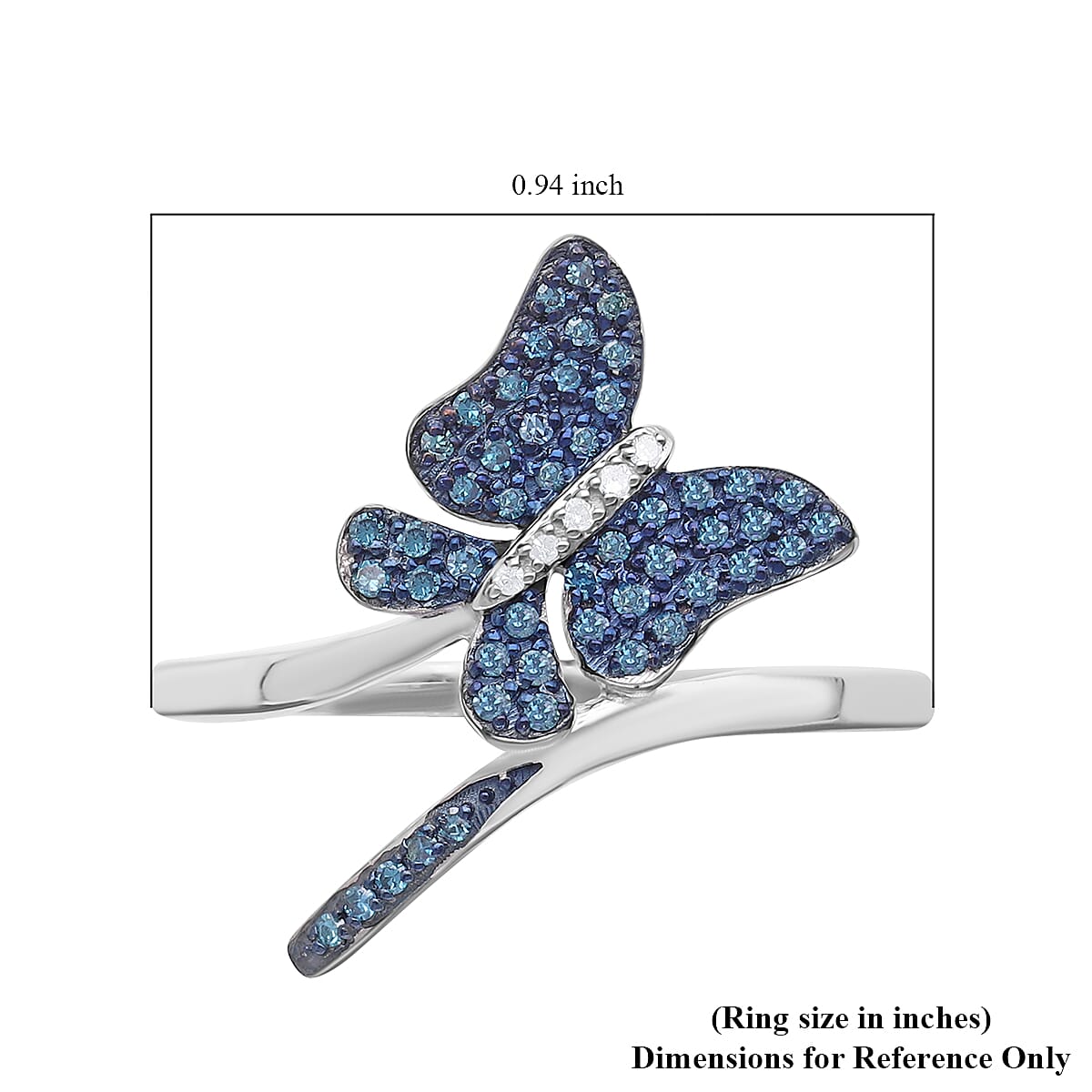 Venice Blue Diamond I1-I2 and Diamond Butterfly Ring in Platinum Over Sterling Silver (Size 9.0) 0.25 ctw image number 5