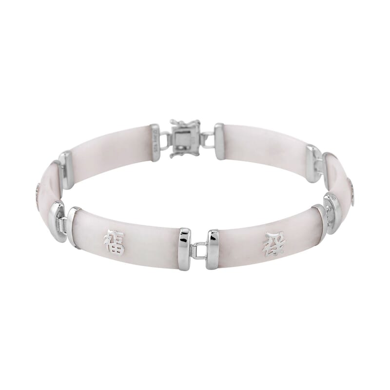 Natural Jade Chinese Characters Bracelet, White Jade Bracelet, Platinum Over Sterling Silver Bracelet, Symbols Bracelet, Silver Bracelet (6.00 In) 60.00 ctw