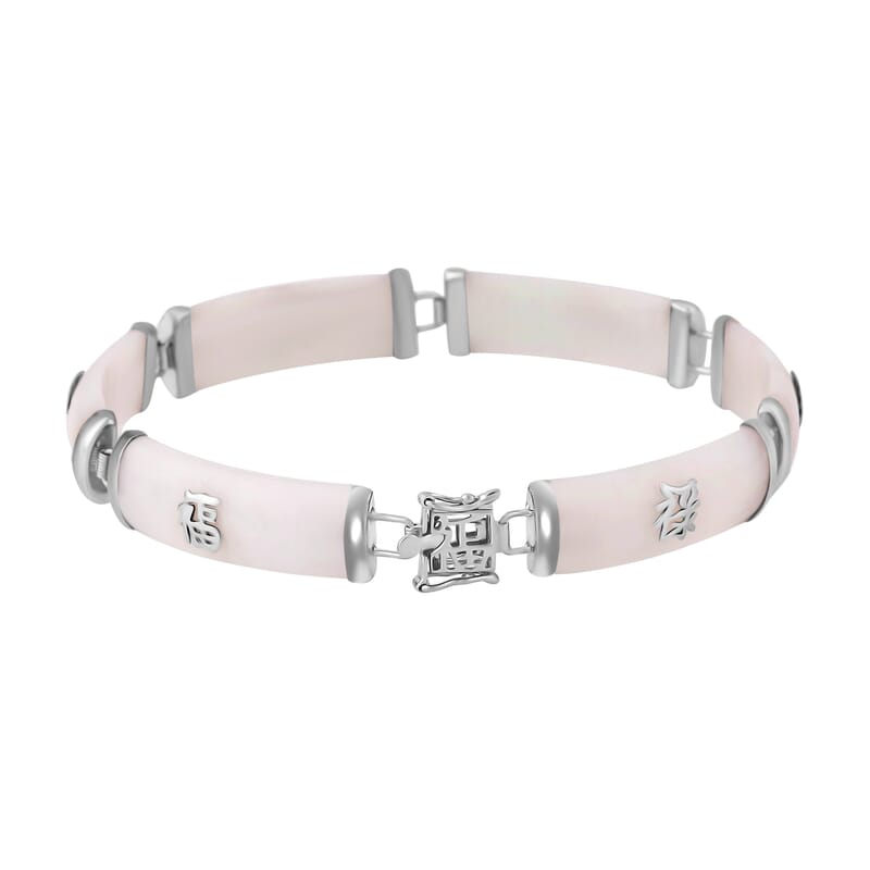 Natural Jade Chinese Characters Bracelet, White Jade Bracelet, Platinum Over Sterling Silver Bracelet, Symbols Bracelet, Silver Bracelet (6.00 In) 60.00 ctw