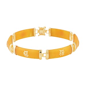 Honey Jade (D) Station Bracelet , Honey Jade Bracelet , 14K Yellow Gold Over Sterling Silver Bracelet , Symbols Bracelet , Silver Station Bracelet (6.00 In) 60.00 ctw