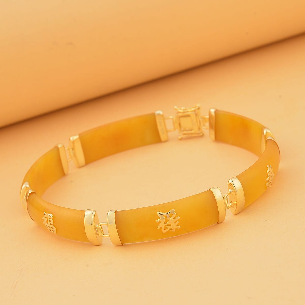 Honey Jade (D) Station Bracelet , Honey Jade Bracelet , 14K Yellow Gold Over Sterling Silver Bracelet , Symbols Bracelet , Silver Station Bracelet (6.00 In) 60.00 ctw image number 1