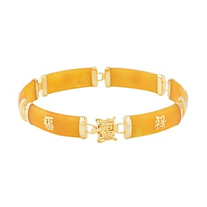 Honey Jade (D) Station Bracelet , Honey Jade Bracelet , 14K Yellow Gold Over Sterling Silver Bracelet , Symbols Bracelet , Silver Station Bracelet (6.00 In) 60.00 ctw