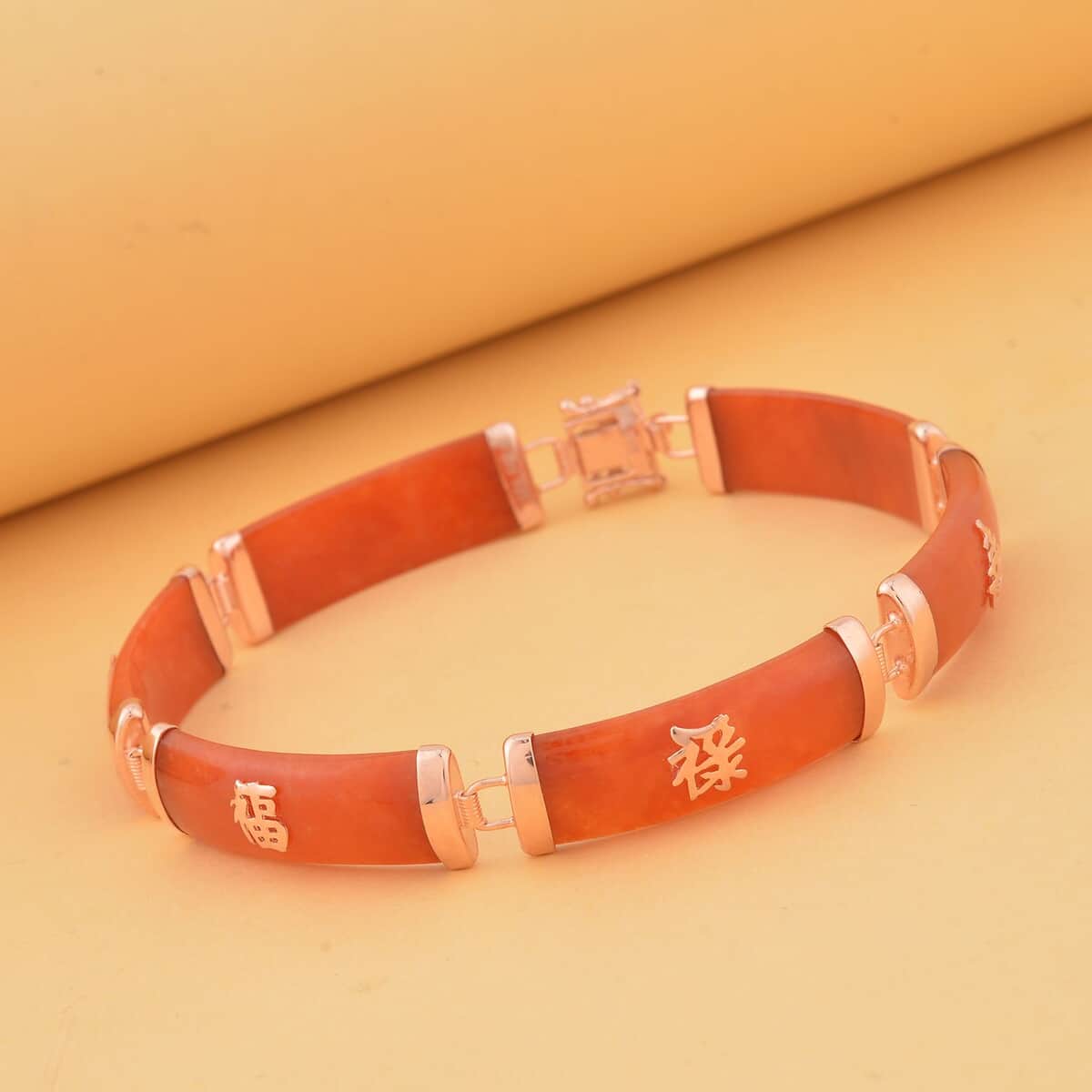 Red Jade (D) Station Bracelet , Red Jade Bracelet , 14K Rose Gold Over Sterling Silver Bracelet , Symbols Bracelet , Silver Station Bracelet (7.25 In) 60.00 ctw image number 1