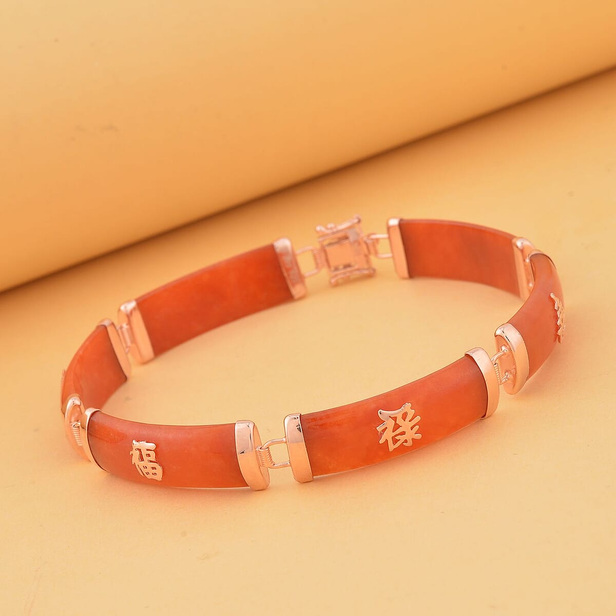 Red Jade (D) Station Bracelet, Red Jade Bracelet, 14K Rose Gold Over Sterling Silver Bracelet, Symbols Bracelet, Silver Station Bracelet (8.00 In) 60.00 ctw image number 1