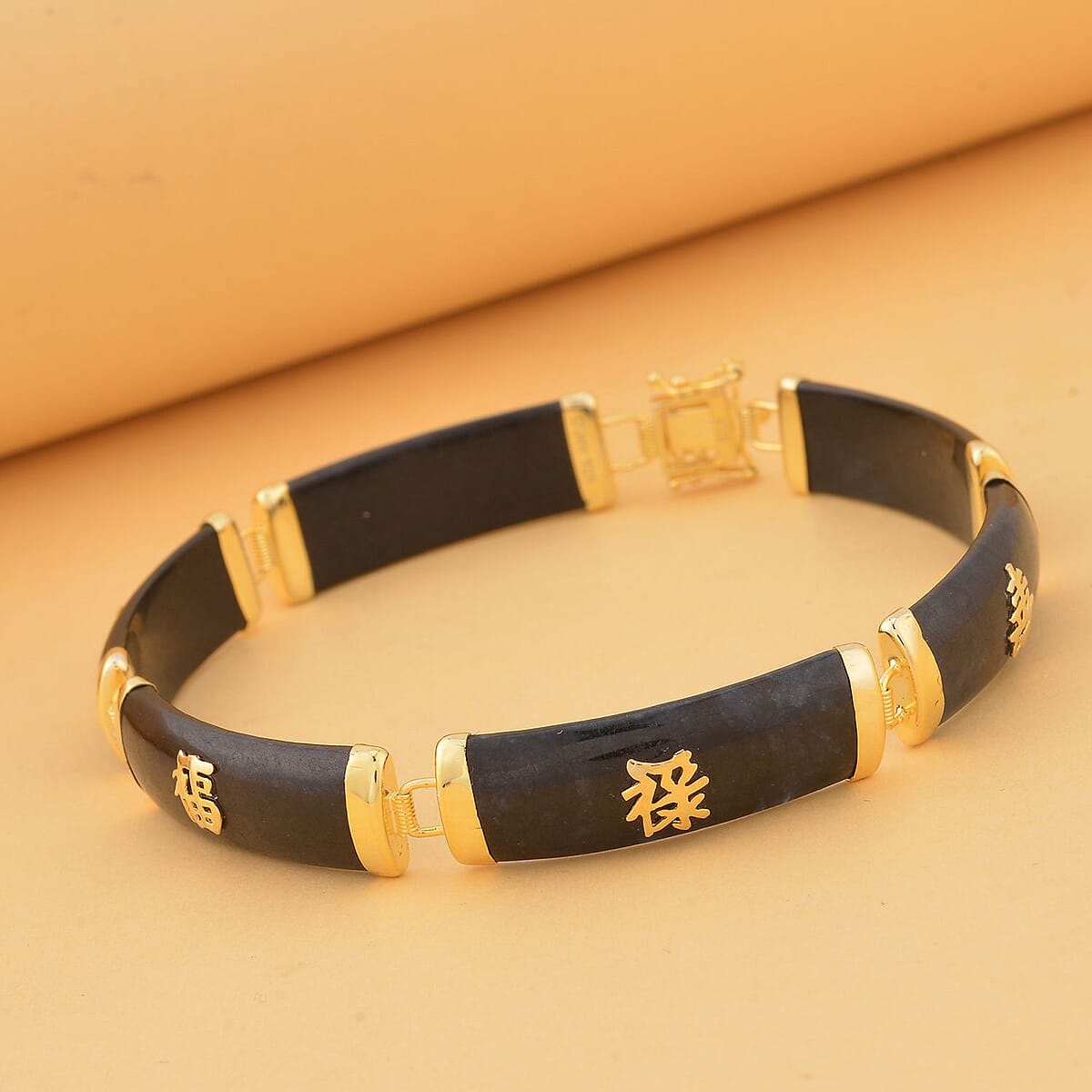 Black Jade (D) Station Bracelet , Black Jade Bracelet , 14K Yellow Gold Over Sterling Silver Bracelet , Symbols Bracelet , Silver Station Bracelet (6.00 In) 60.00 ctw image number 1