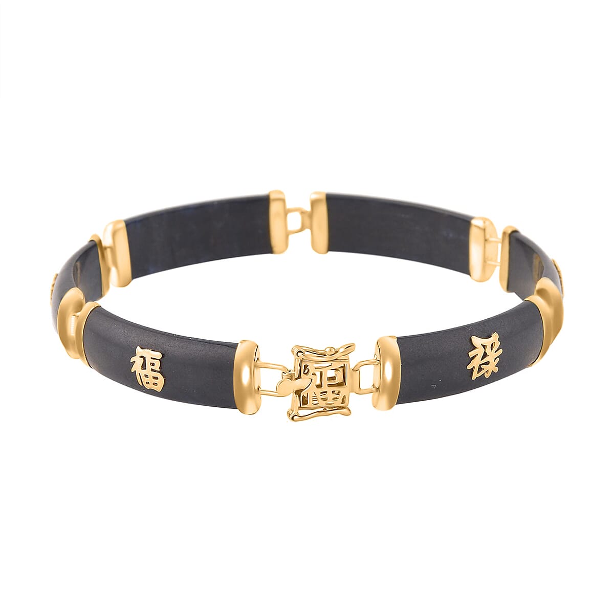 Black Jade (D) Station Bracelet , Black Jade Bracelet , 14K Yellow Gold Over Sterling Silver Bracelet , Symbols Bracelet , Silver Station Bracelet (6.00 In) 60.00 ctw image number 5