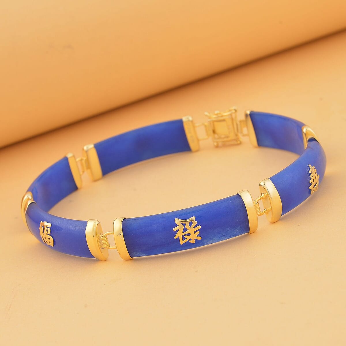 Blue Jade Station Bracelet , Blue Jade Bracelet , 14K Yellow Gold Over Sterling Silver Bracelet , Symbols Bracelet , Silver Station Bracelet (7.25 In) 60.00 ctw image number 1
