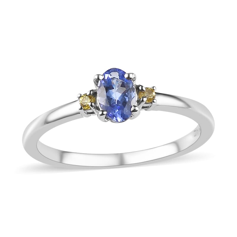 Tanzanite and Yellow Sapphire Ring in Platinum Over Sterling Silver (Size 10.0) 0.50 ctw
